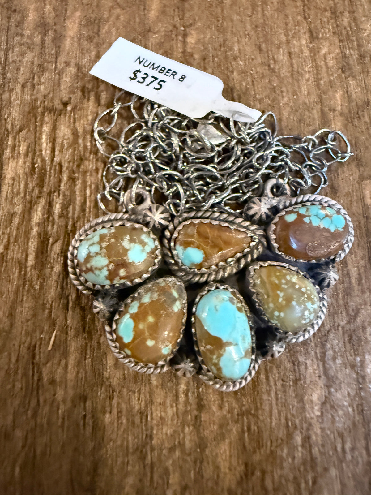 Number 8 Mine Turquoise Gemstone 20 Inch Chain Half Cluster Pendant Necklace in Sterling Silver