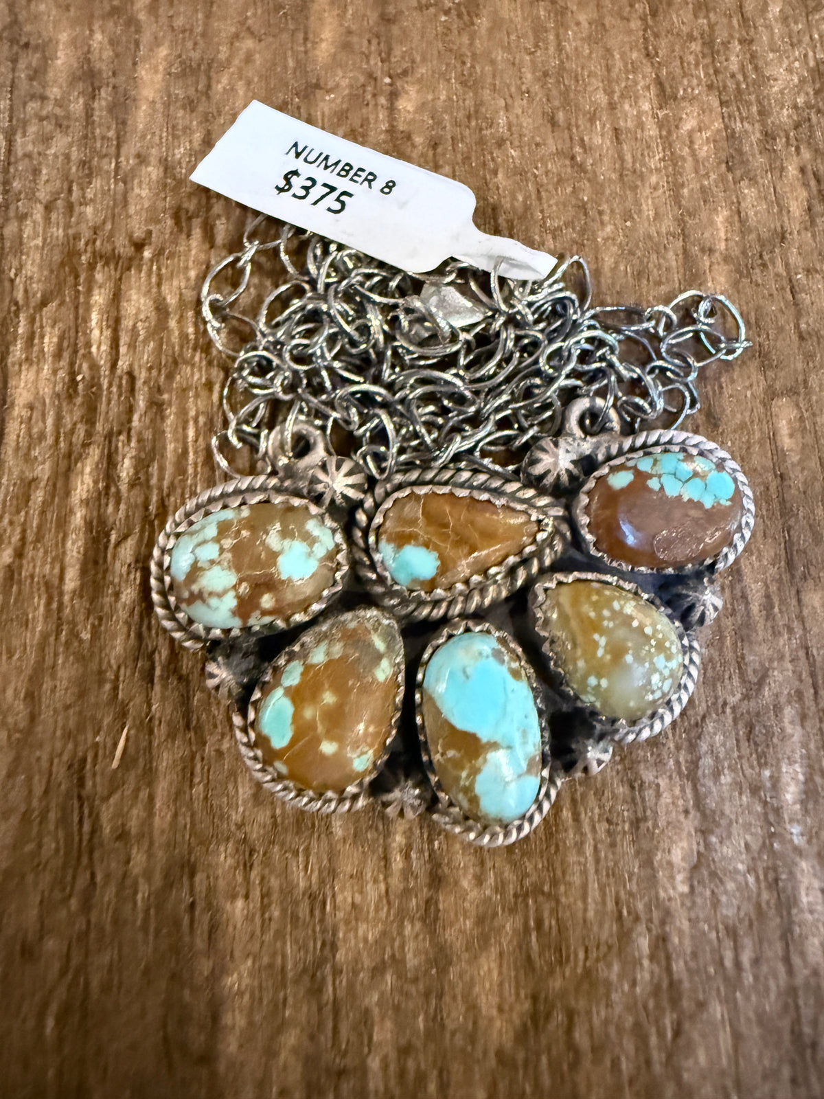 Number 8 Mine Turquoise Gemstone 20 Inch Chain Half Cluster Pendant Necklace in Sterling Silver