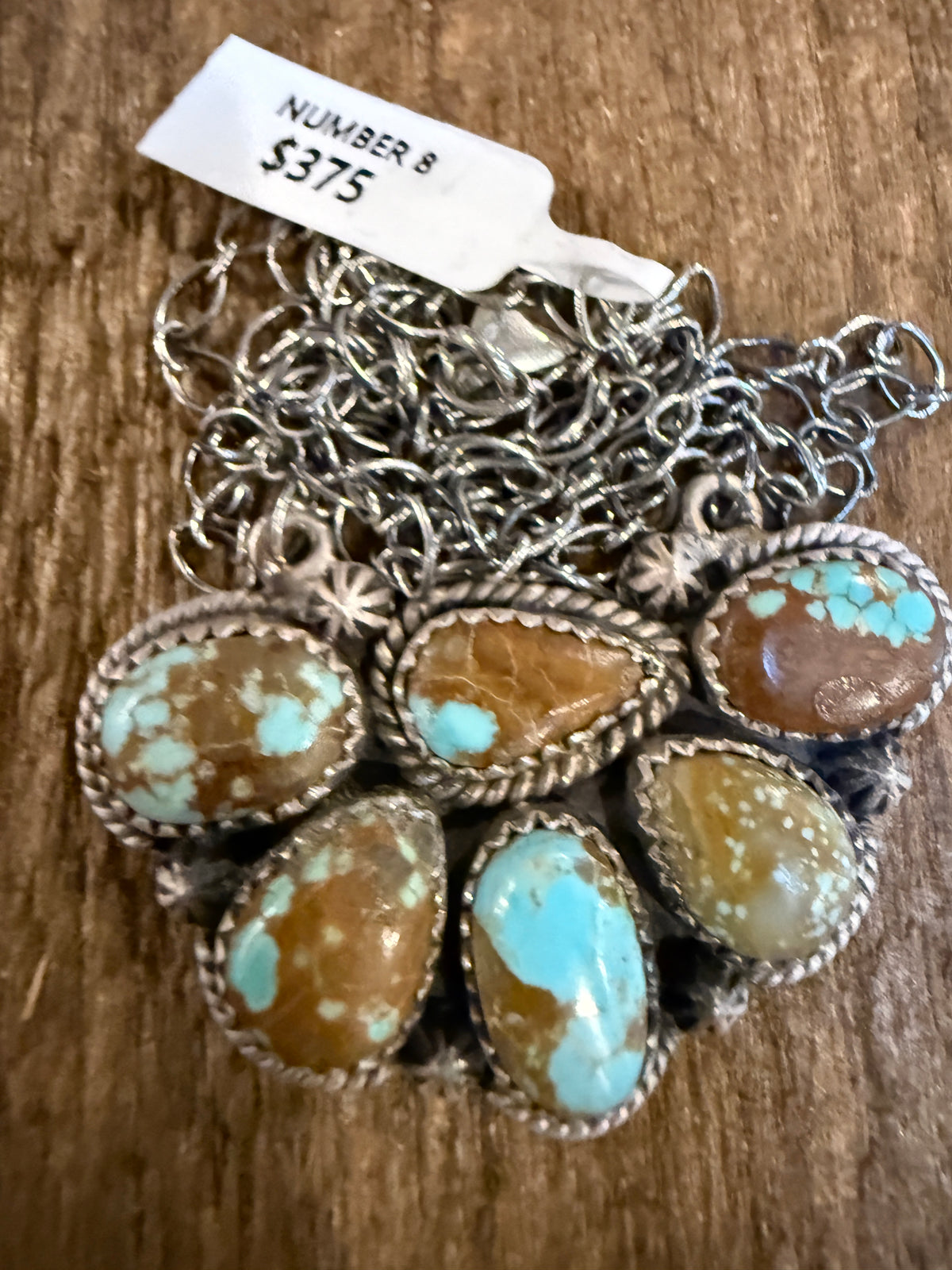 Number 8 Mine Turquoise Gemstone 20 Inch Chain Half Cluster Pendant Necklace in Sterling Silver