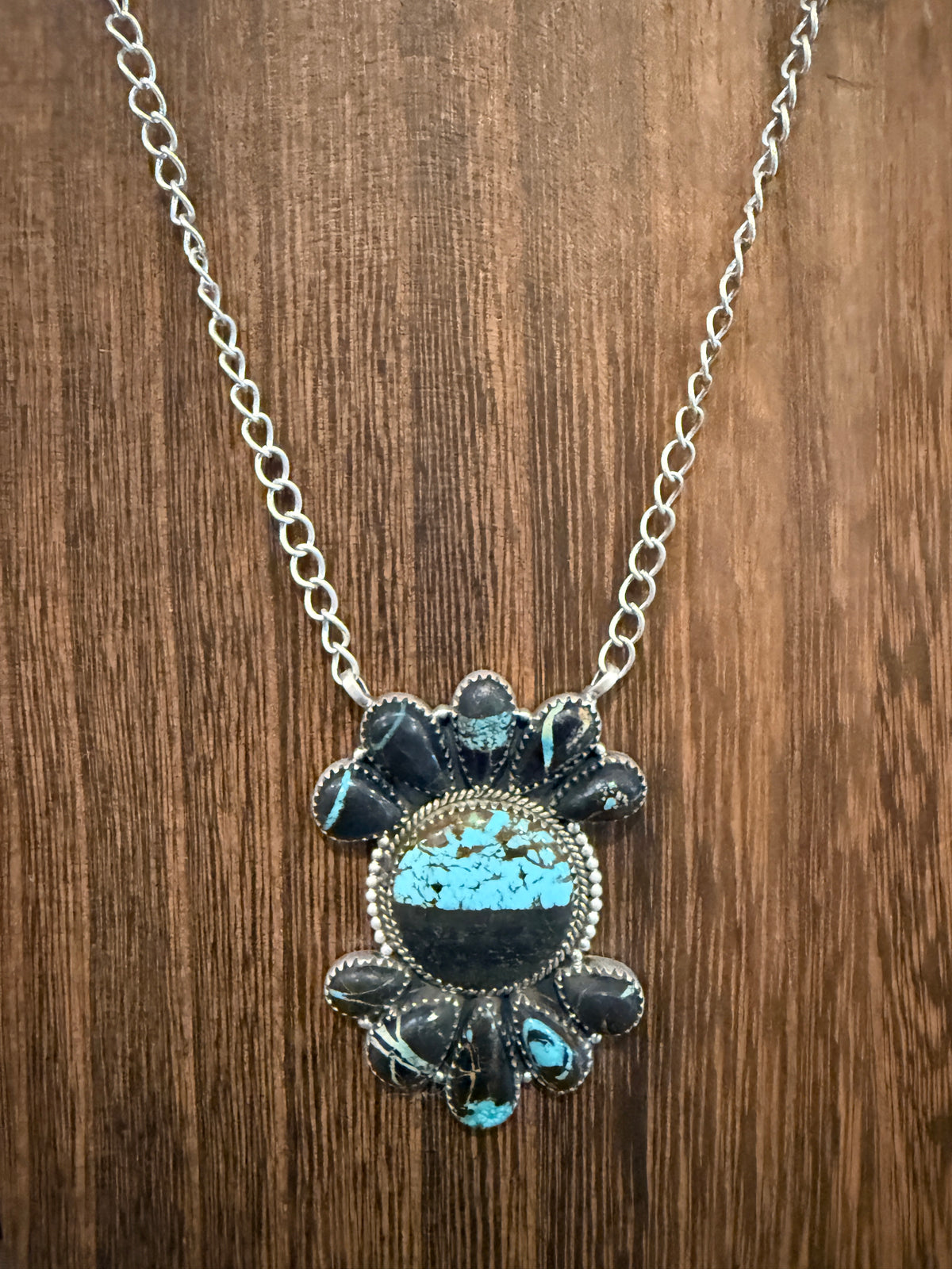 Blackjack Turquoise Gemstone 20 Inch Pendant Necklace in Sterling Silver
