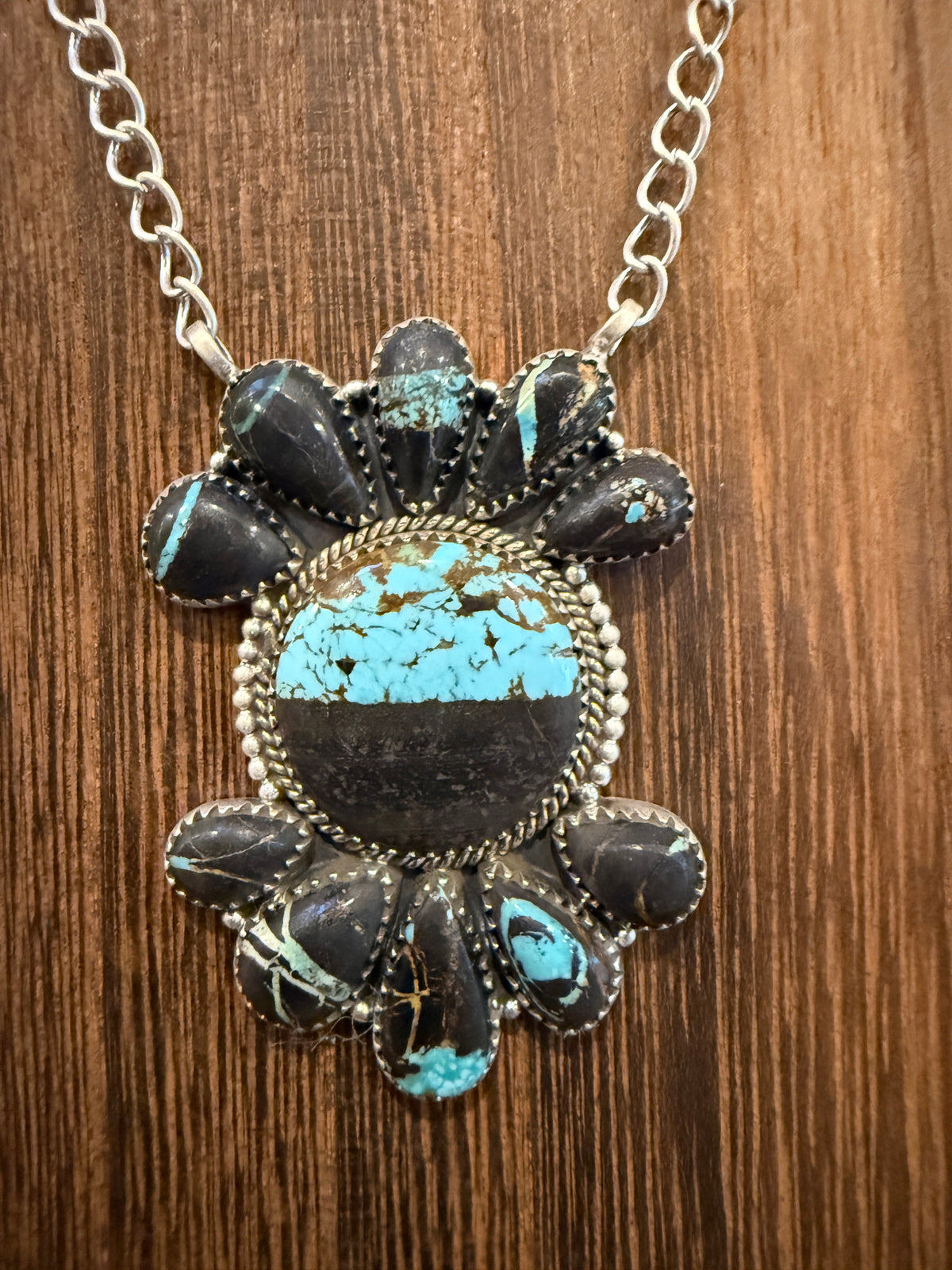 Blackjack Turquoise Gemstone 20 Inch Pendant Necklace in Sterling Silver