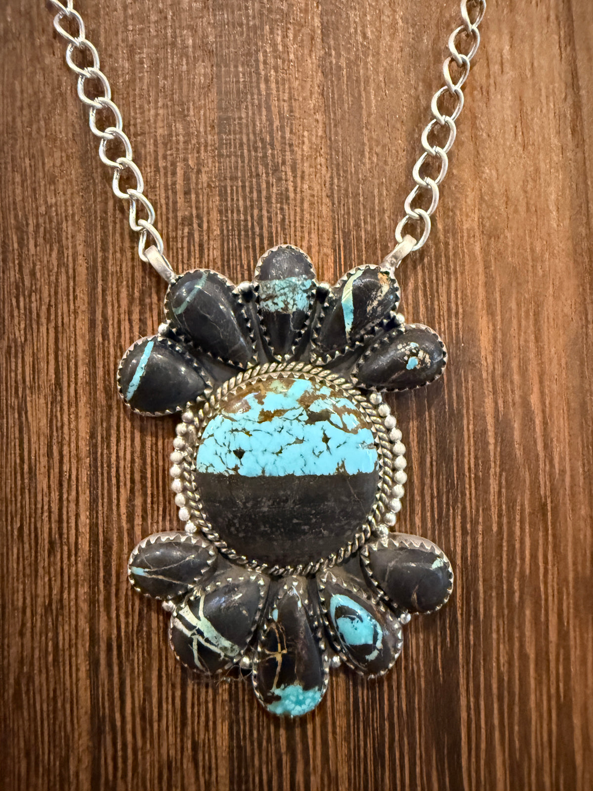 Blackjack Turquoise Gemstone 20 Inch Pendant Necklace in Sterling Silver