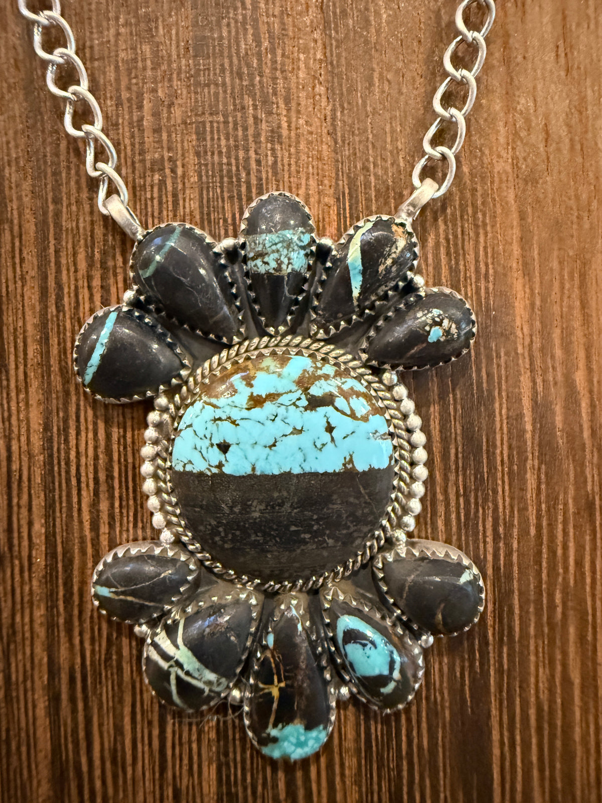 Blackjack Turquoise Gemstone 20 Inch Pendant Necklace in Sterling Silver