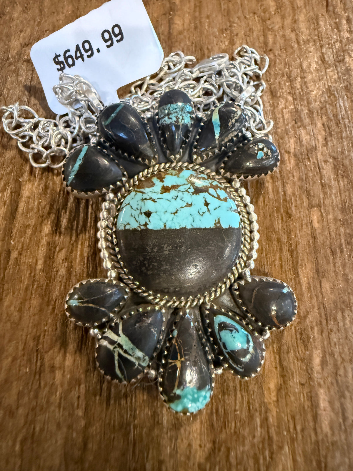 Blackjack Turquoise Gemstone 20 Inch Pendant Necklace in Sterling Silver