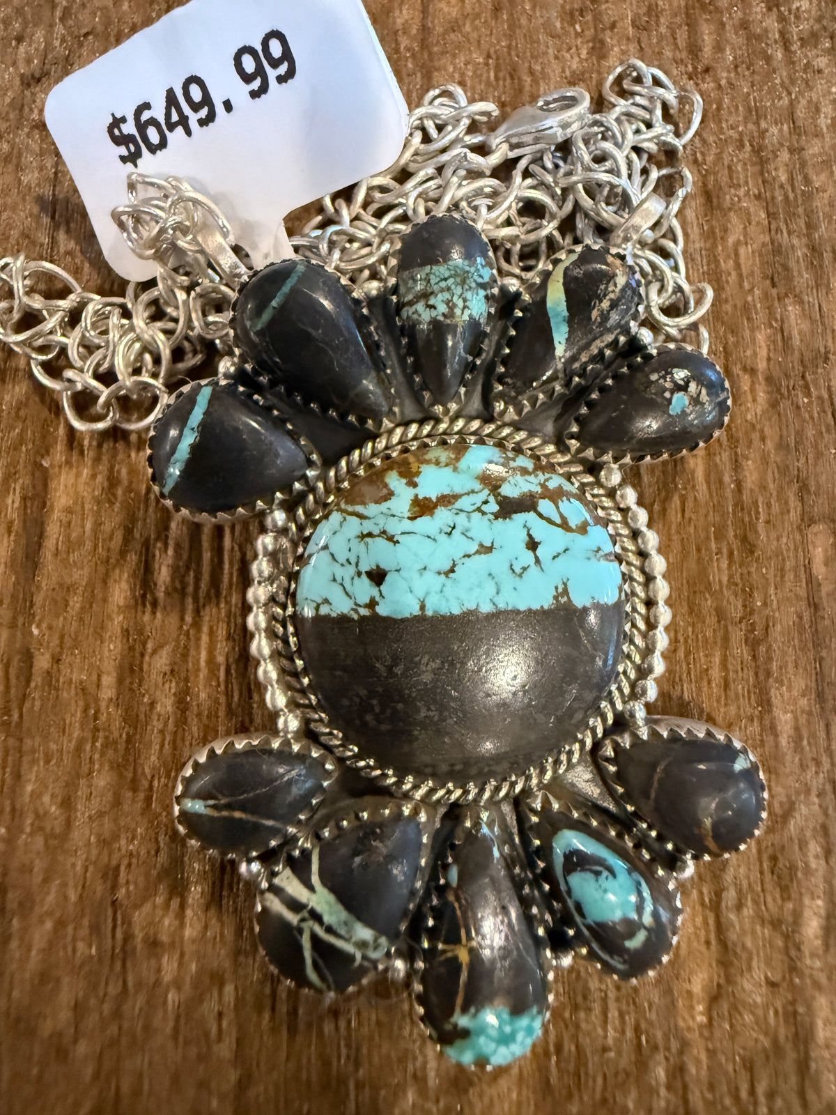 Blackjack Turquoise Gemstone 20 Inch Pendant Necklace in Sterling Silver