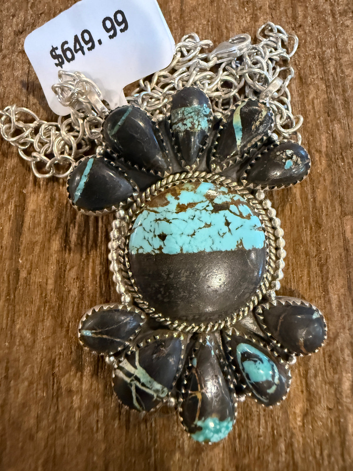Blackjack Turquoise Gemstone 20 Inch Pendant Necklace in Sterling Silver