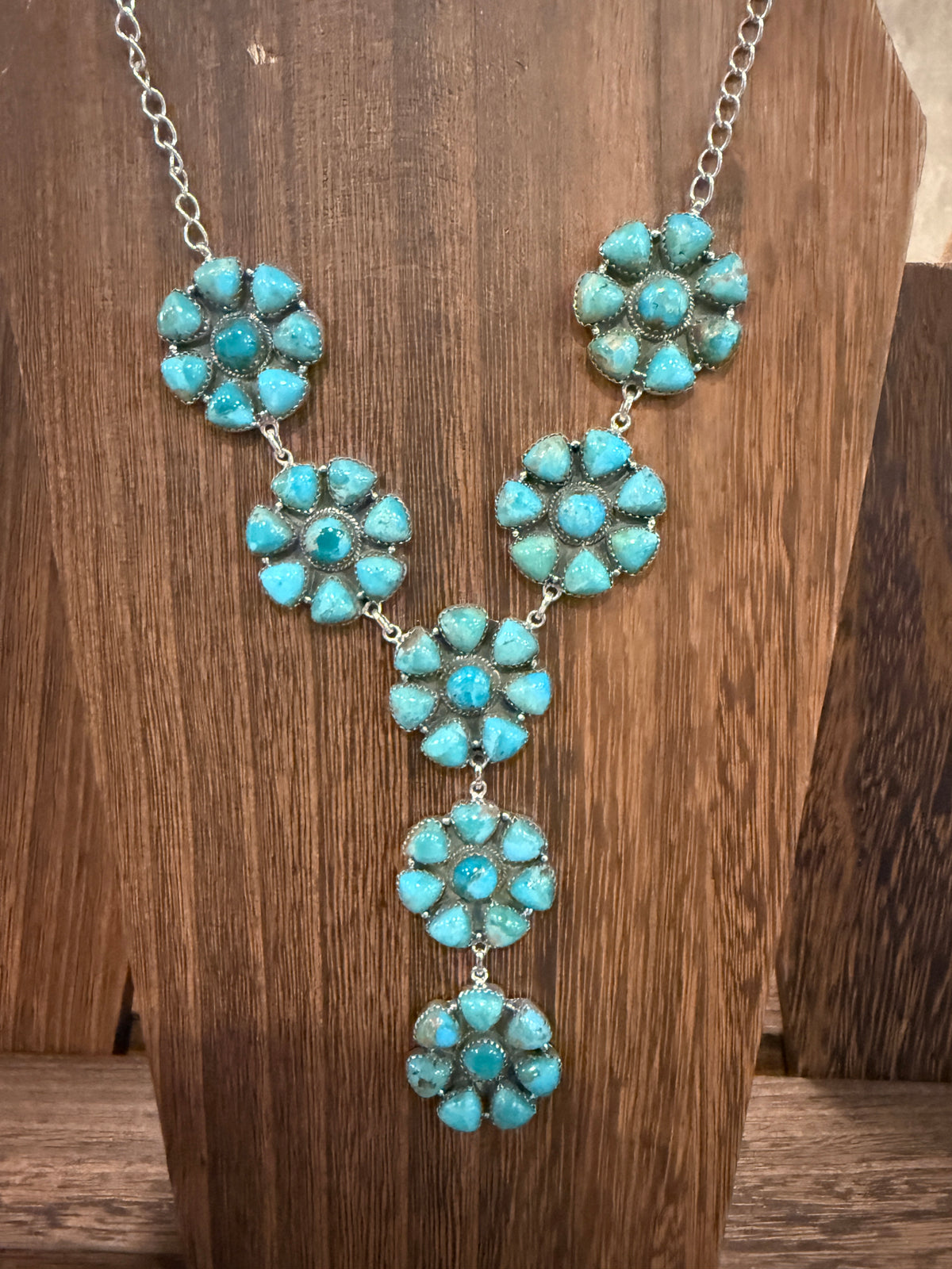 Mohave Turquoise Gemstone Seven 1.25 Inch Floral Cluster Lariat Necklace in Sterling Silver