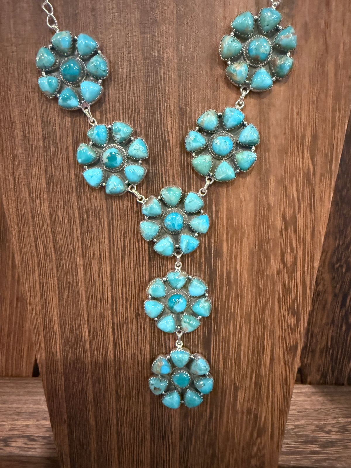 Mohave Turquoise Gemstone Seven 1.25 Inch Floral Cluster Lariat Necklace in Sterling Silver
