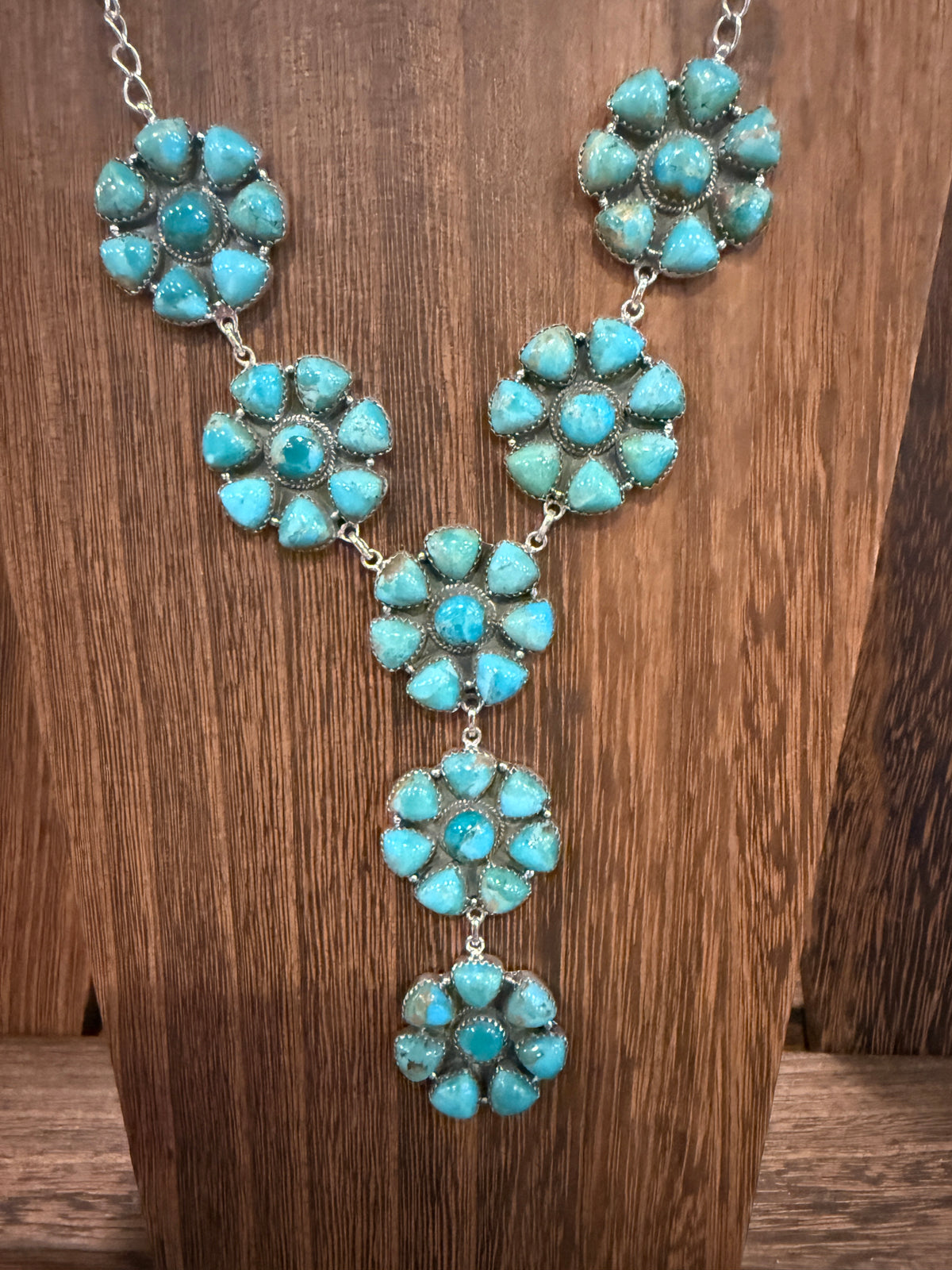 Mohave Turquoise Gemstone Seven 1.25 Inch Floral Cluster Lariat Necklace in Sterling Silver