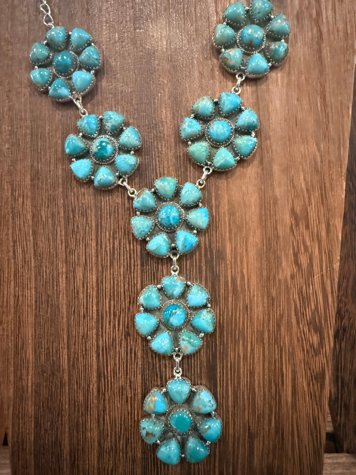 Mohave Turquoise Gemstone Seven 1.25 Inch Floral Cluster Lariat Necklace in Sterling Silver