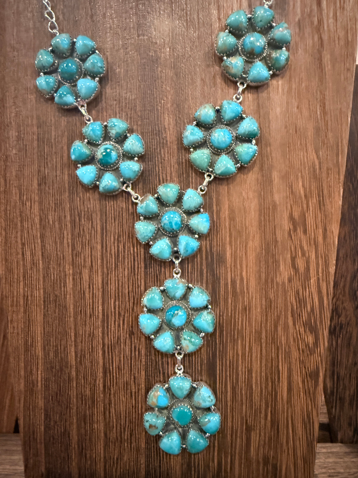 Mohave Turquoise Gemstone Seven 1.25 Inch Floral Cluster Lariat Necklace in Sterling Silver