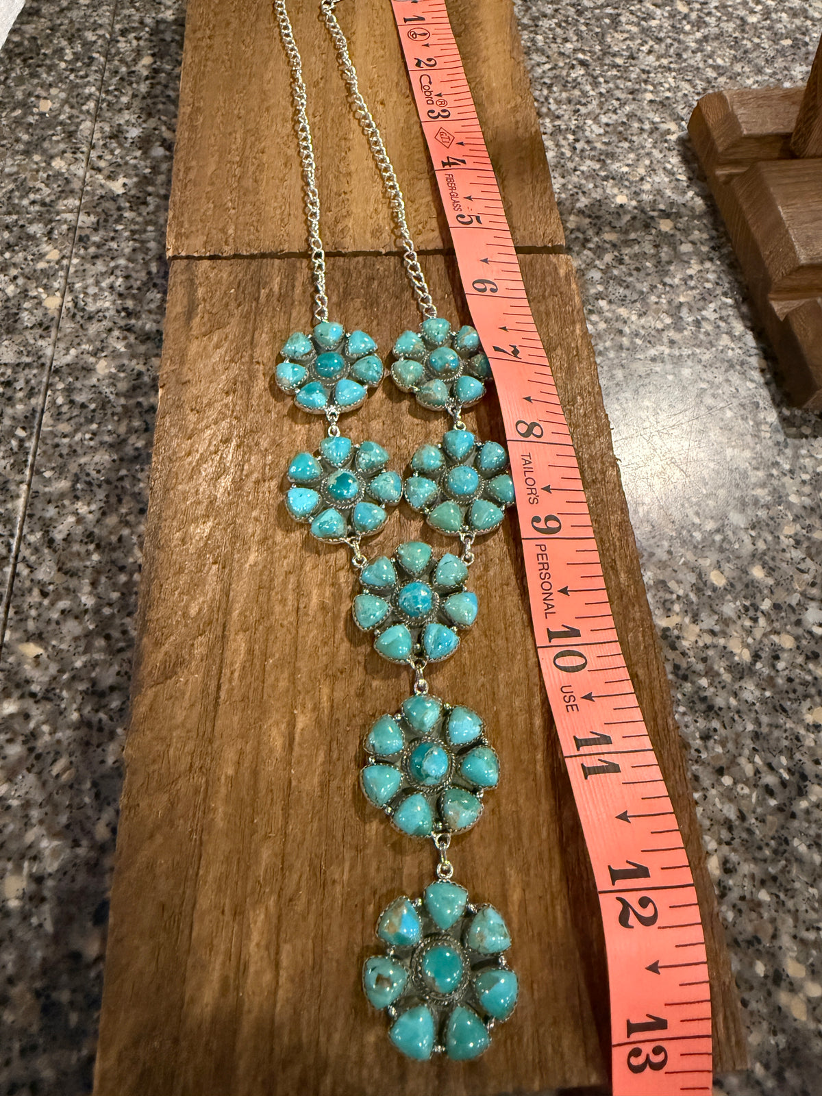Mohave Turquoise Gemstone Seven 1.25 Inch Floral Cluster Lariat Necklace in Sterling Silver
