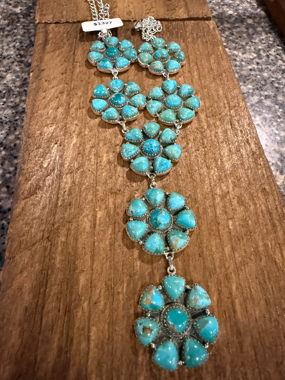 Mohave Turquoise Gemstone Seven 1.25 Inch Floral Cluster Lariat Necklace in Sterling Silver
