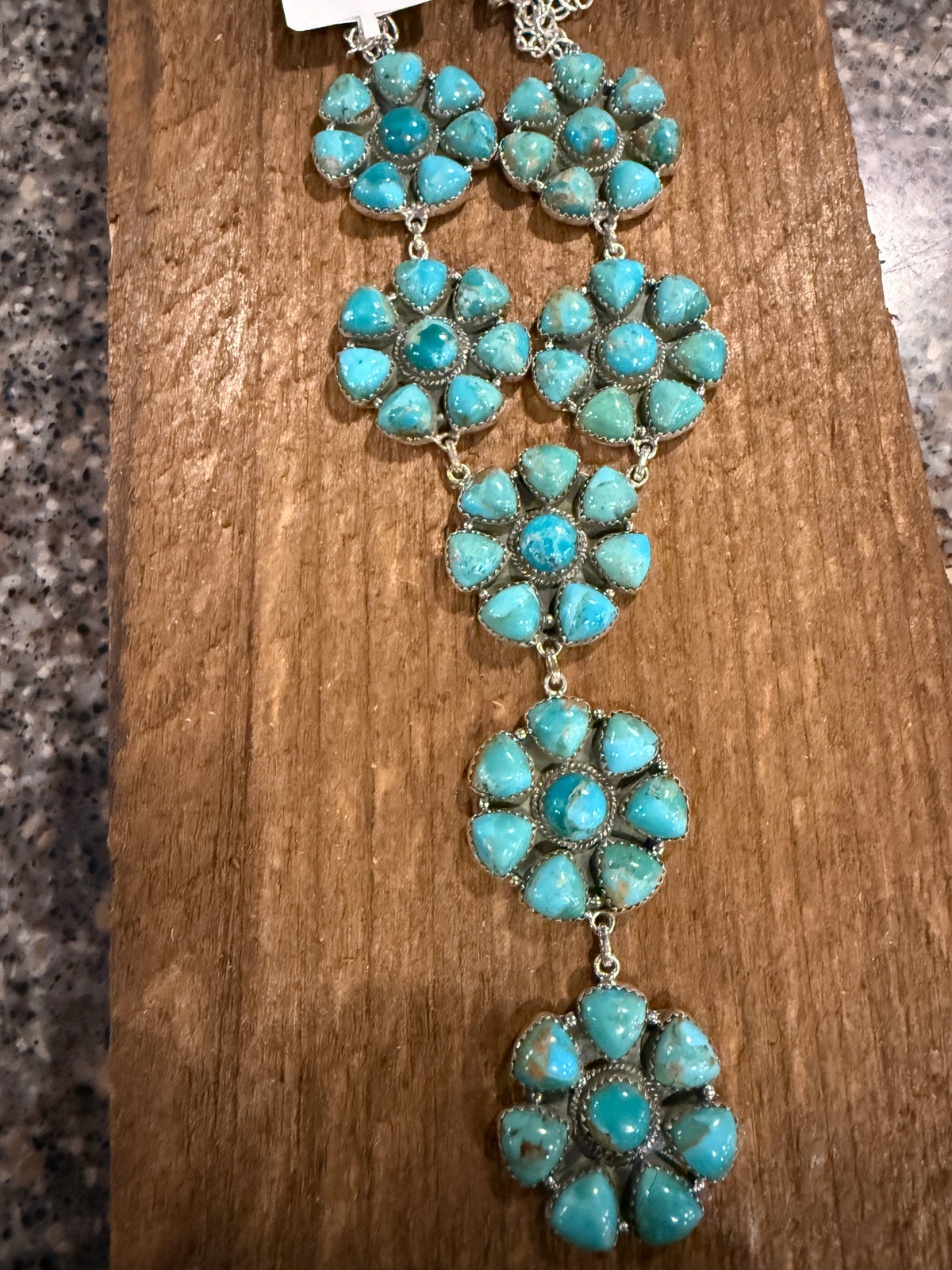 Mohave Turquoise Gemstone Seven 1.25 Inch Floral Cluster Lariat Necklace in Sterling Silver