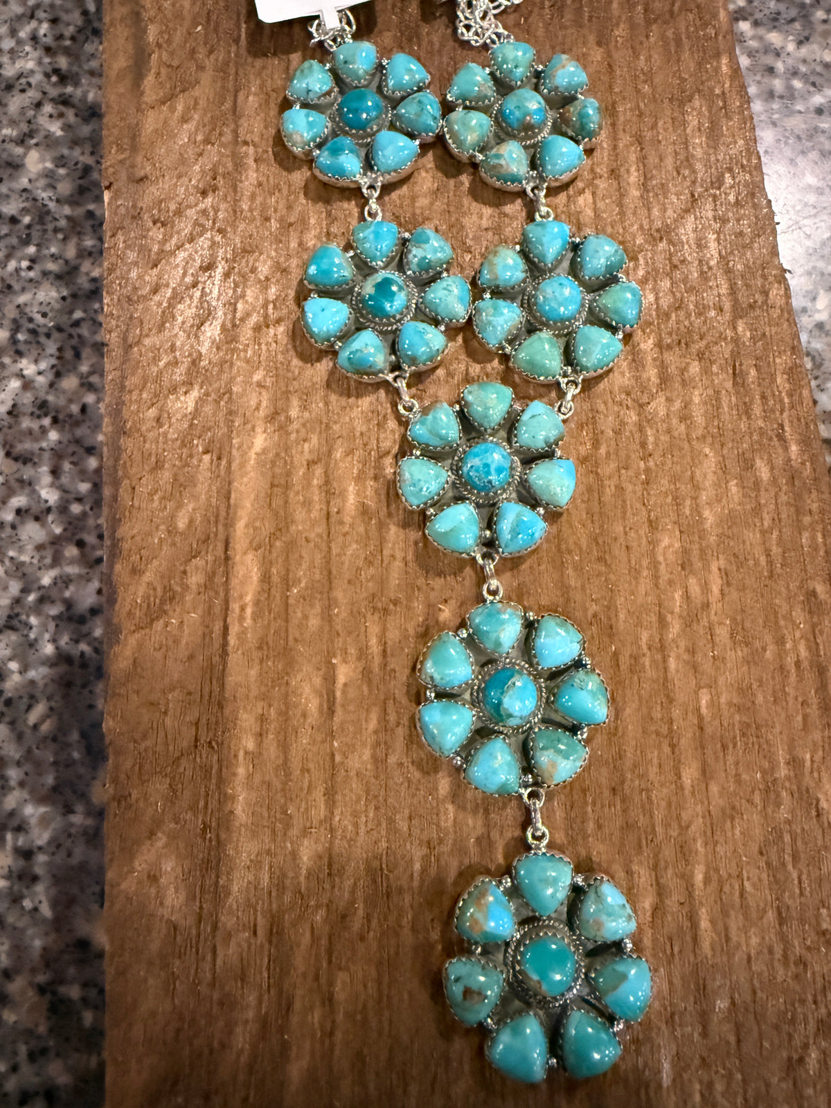 Mohave Turquoise Gemstone Seven 1.25 Inch Floral Cluster Lariat Necklace in Sterling Silver