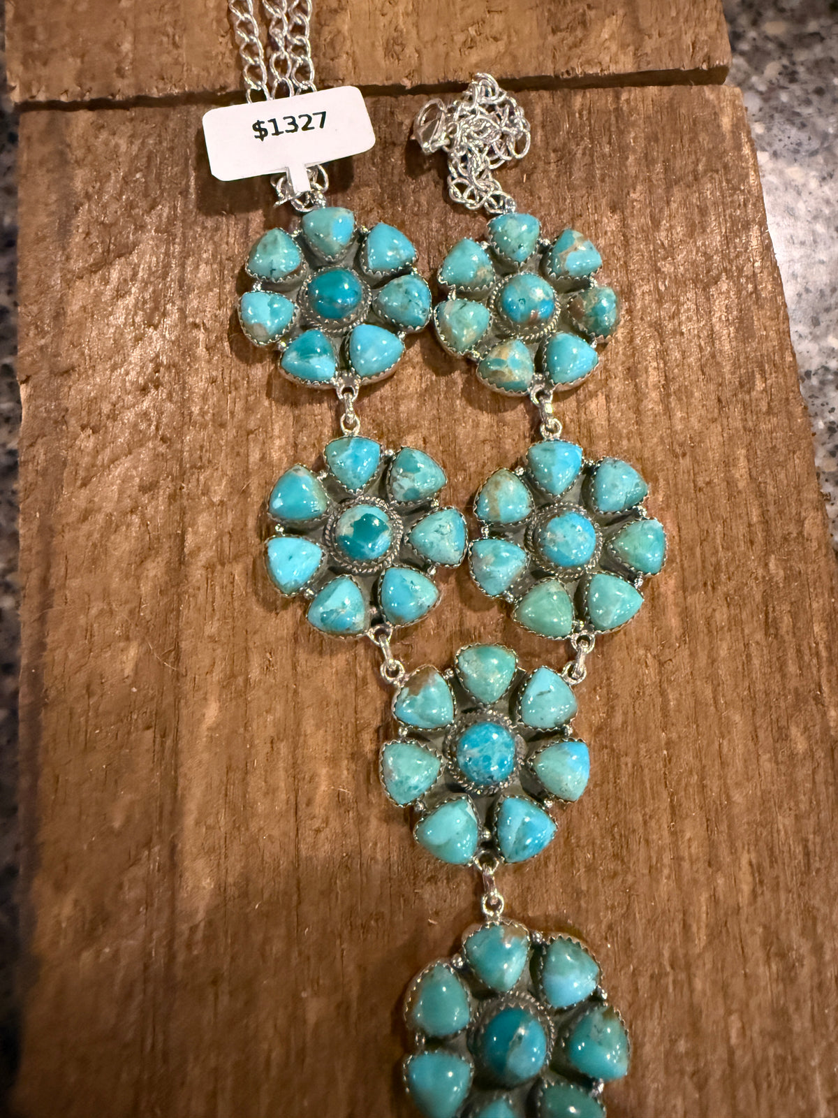 Mohave Turquoise Gemstone Seven 1.25 Inch Floral Cluster Lariat Necklace in Sterling Silver