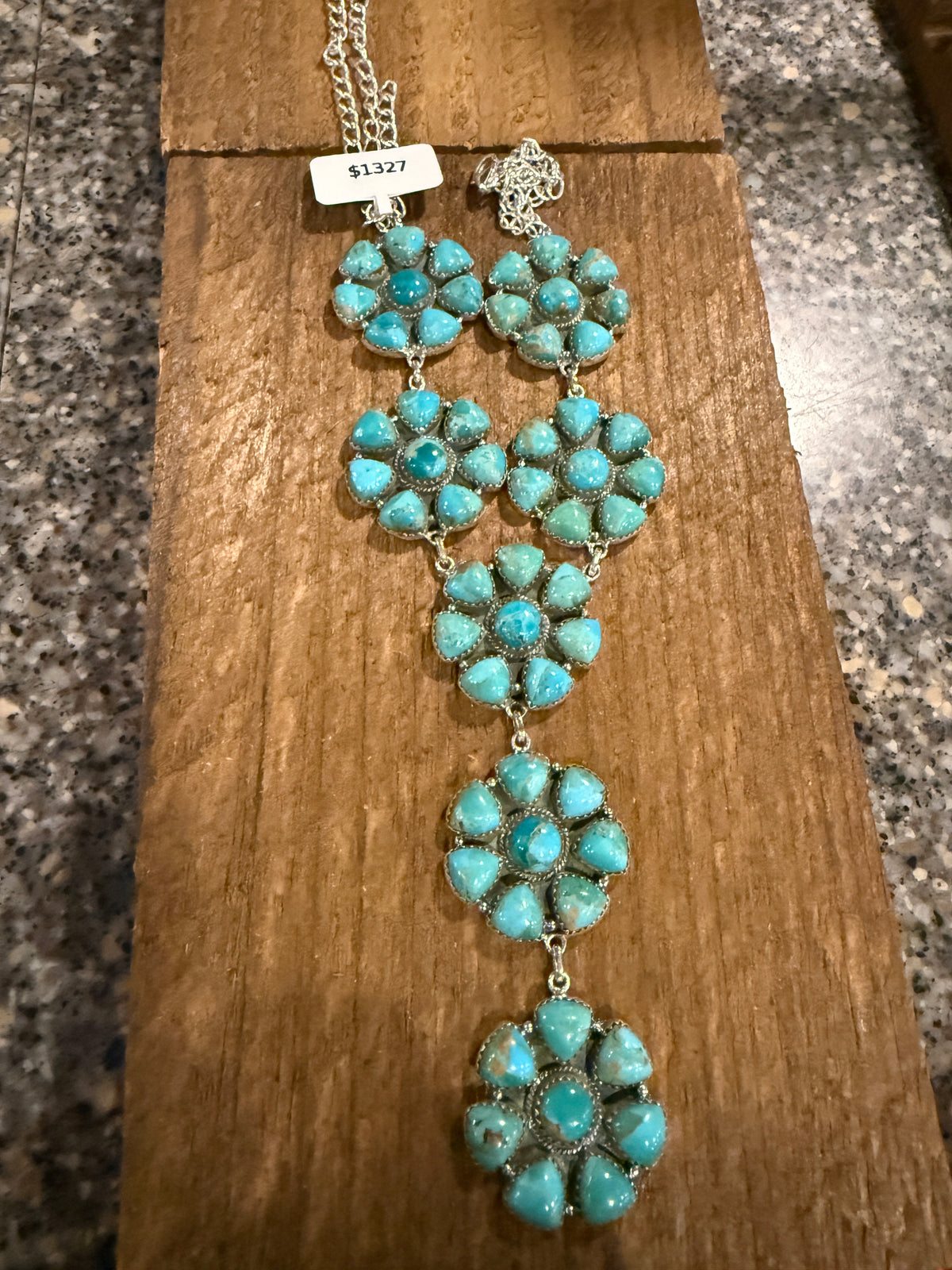 Mohave Turquoise Gemstone Seven 1.25 Inch Floral Cluster Lariat Necklace in Sterling Silver