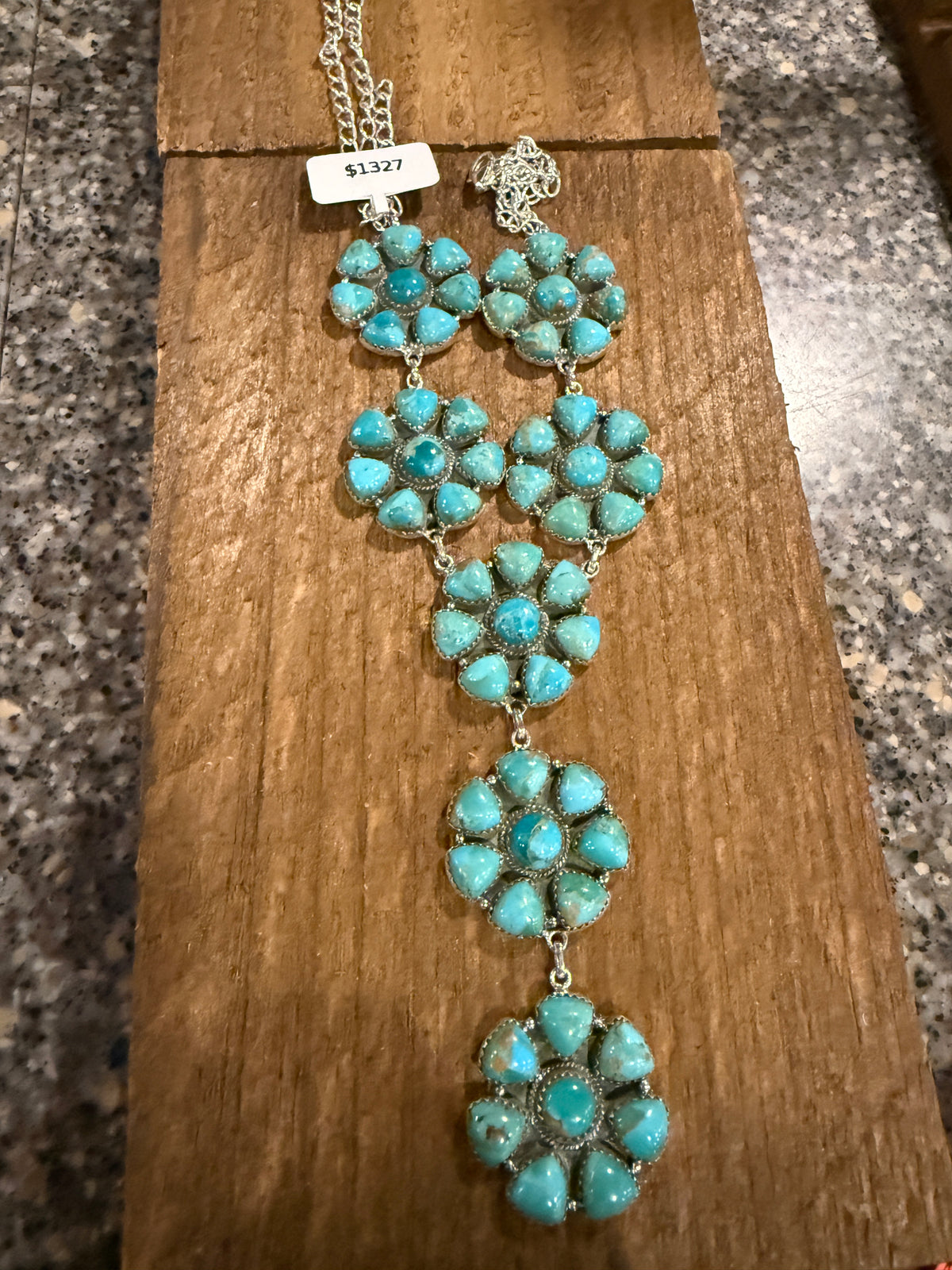 Mohave Turquoise Gemstone Seven 1.25 Inch Floral Cluster Lariat Necklace in Sterling Silver