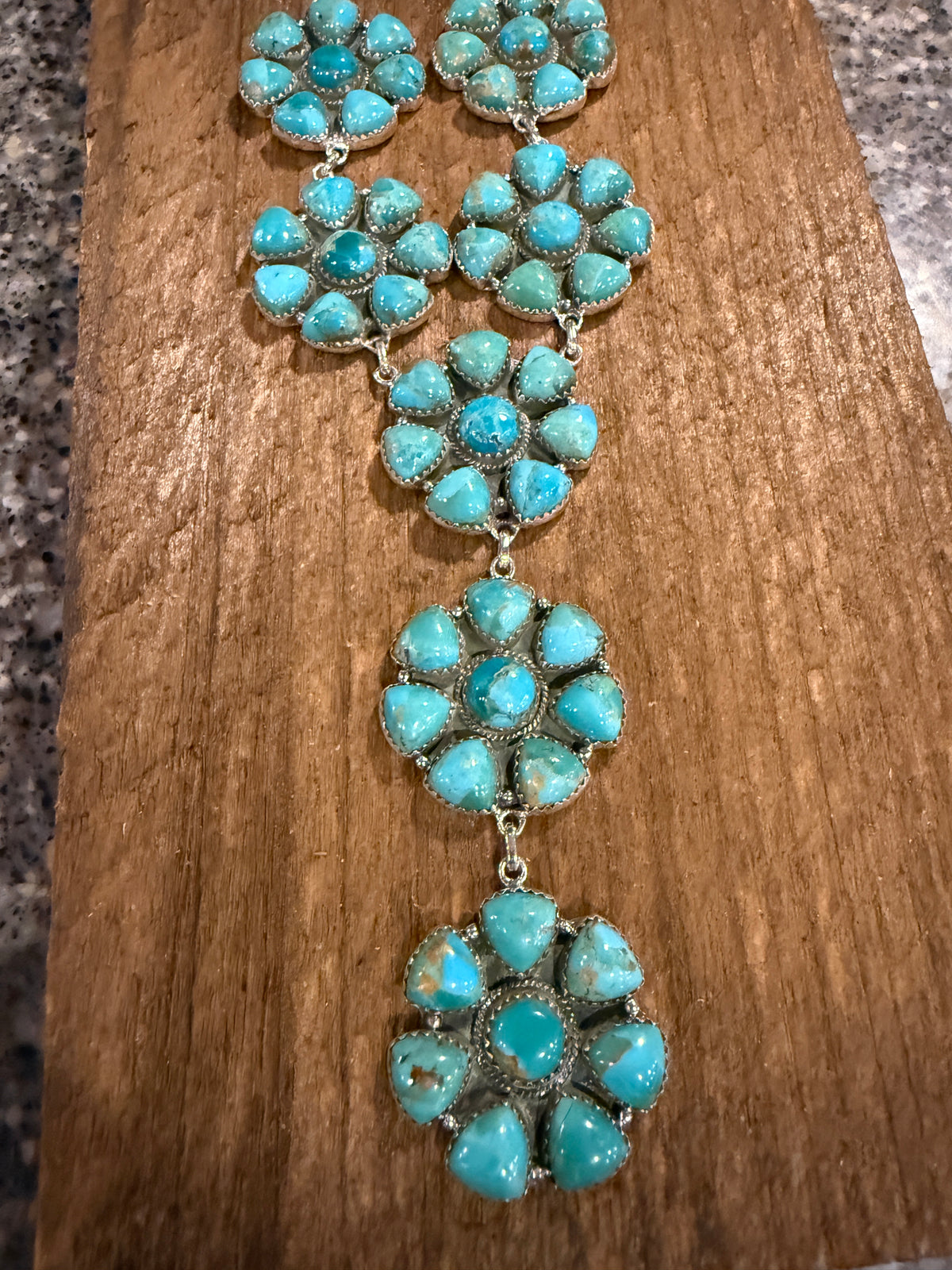 Mohave Turquoise Gemstone Seven 1.25 Inch Floral Cluster Lariat Necklace in Sterling Silver