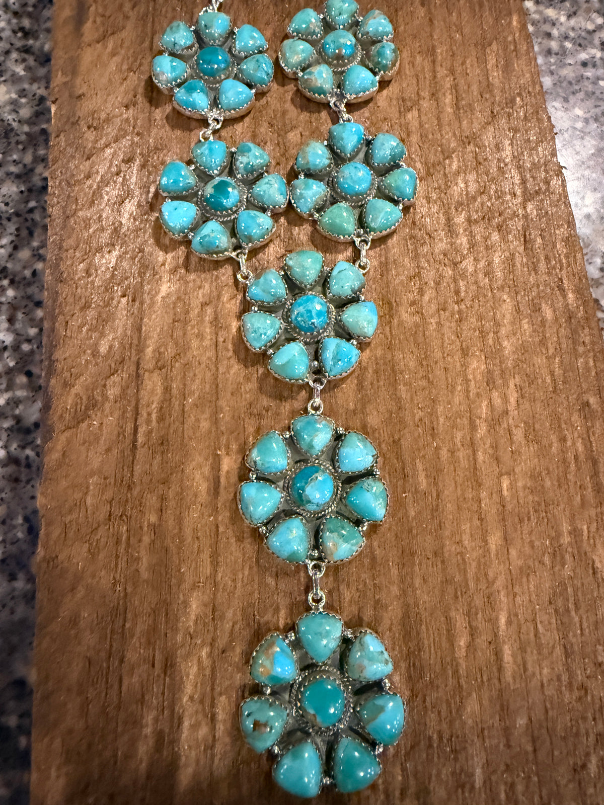 Mohave Turquoise Gemstone Seven 1.25 Inch Floral Cluster Lariat Necklace in Sterling Silver