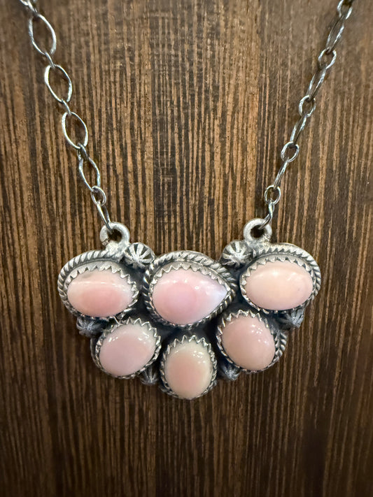 Queen Pink Conch Gemstone Half Cluster 20 Inch Chain Necklace in Sterling Silver
