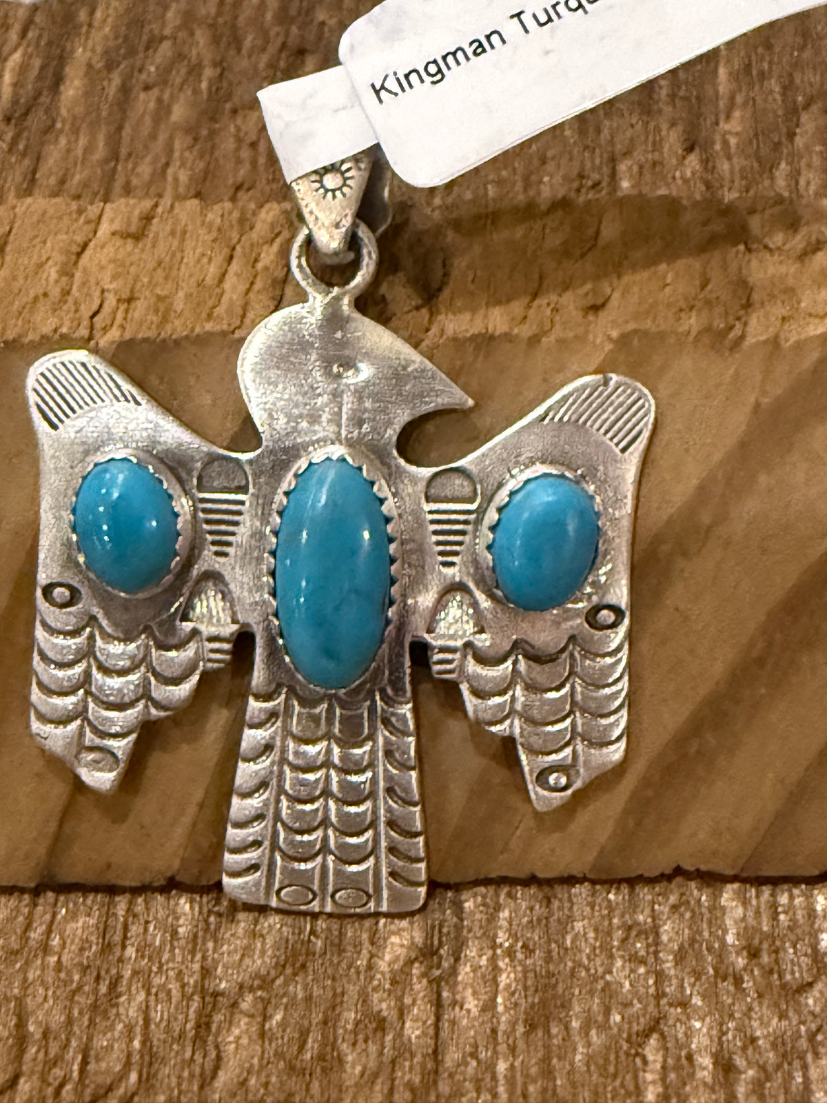 Kingman Turqurquoise Gemstone Thunderbird 2 Inch Pendant in Sterling Silver
