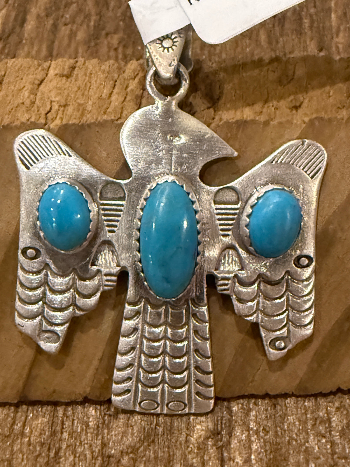 Kingman Turqurquoise Gemstone Thunderbird 2 Inch Pendant in Sterling Silver