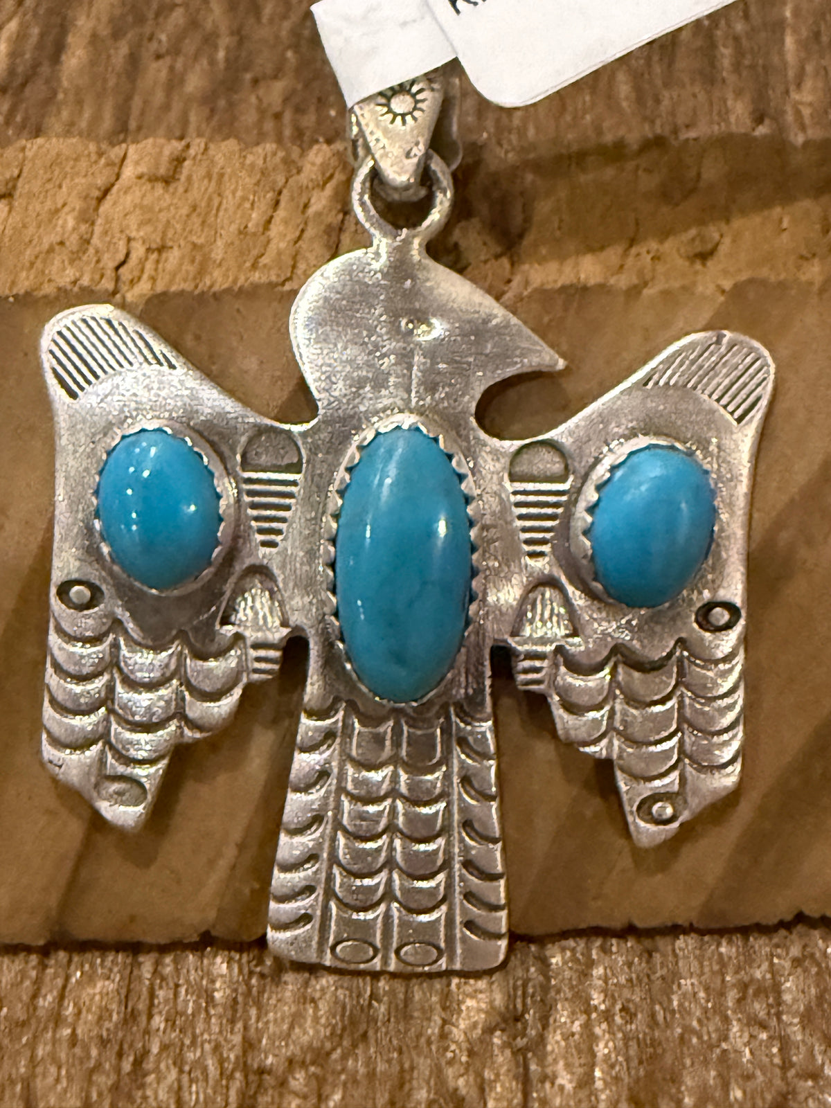 Kingman Turqurquoise Gemstone Thunderbird 2 Inch Pendant in Sterling Silver