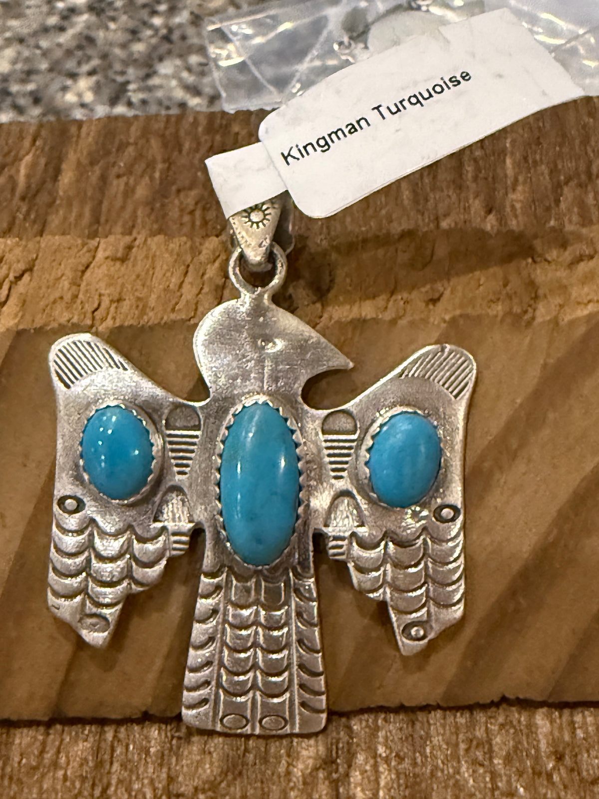Kingman Turqurquoise Gemstone Thunderbird 2 Inch Pendant in Sterling Silver