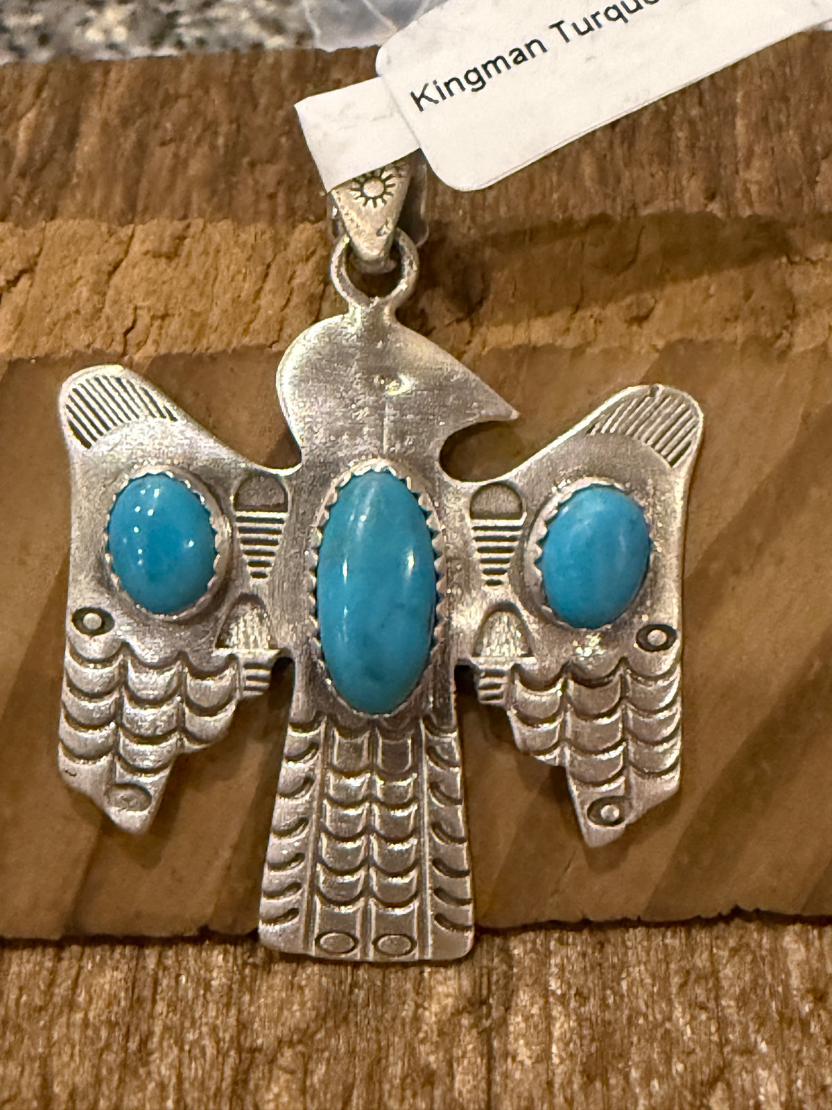Kingman Turqurquoise Gemstone Thunderbird 2 Inch Pendant in Sterling Silver