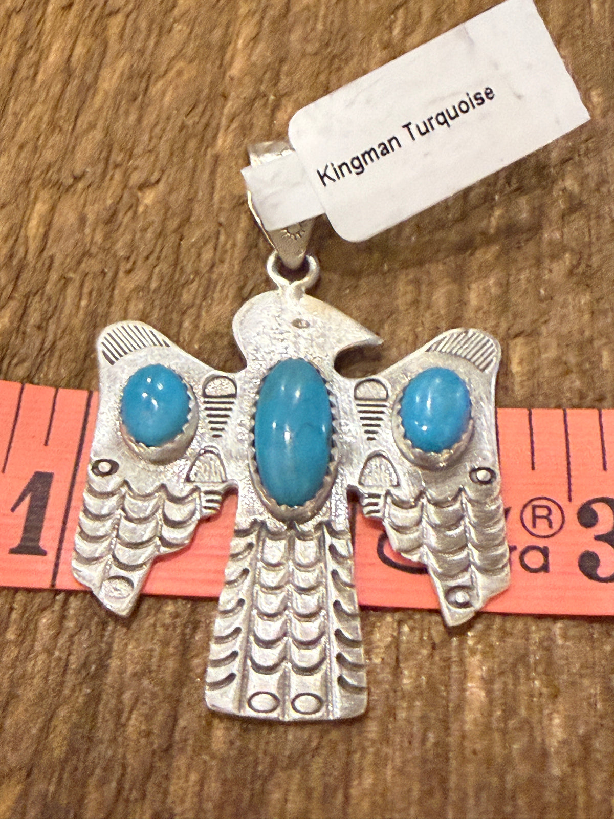 Kingman Turqurquoise Gemstone Thunderbird 2 Inch Pendant in Sterling Silver