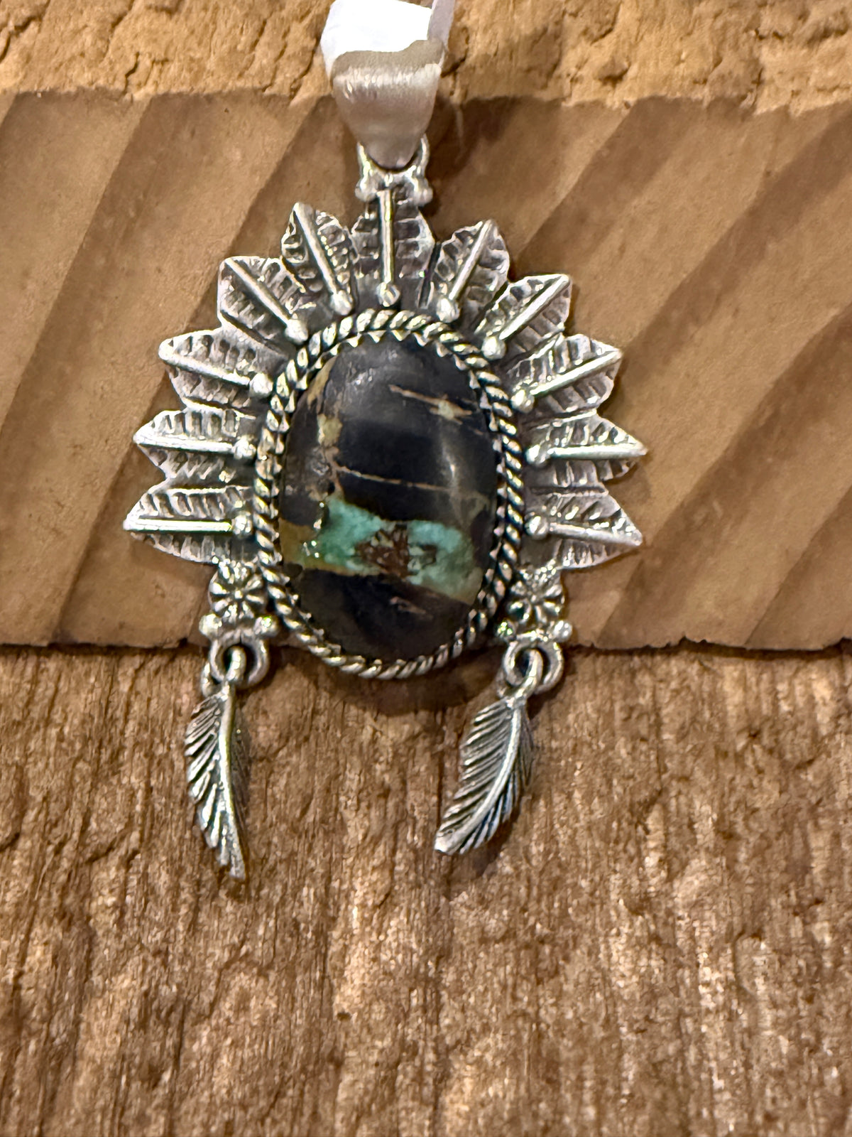 Blackjack Turquoise Gemstone 2.5 Inch Headdress Pendant in Sterling Silver