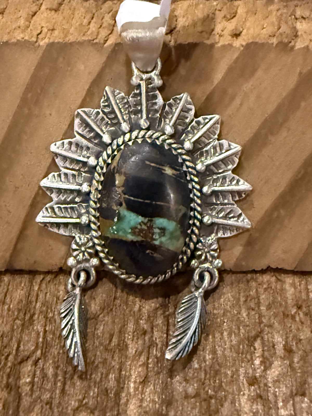 Blackjack Turquoise Gemstone 2.5 Inch Headdress Pendant in Sterling Silver