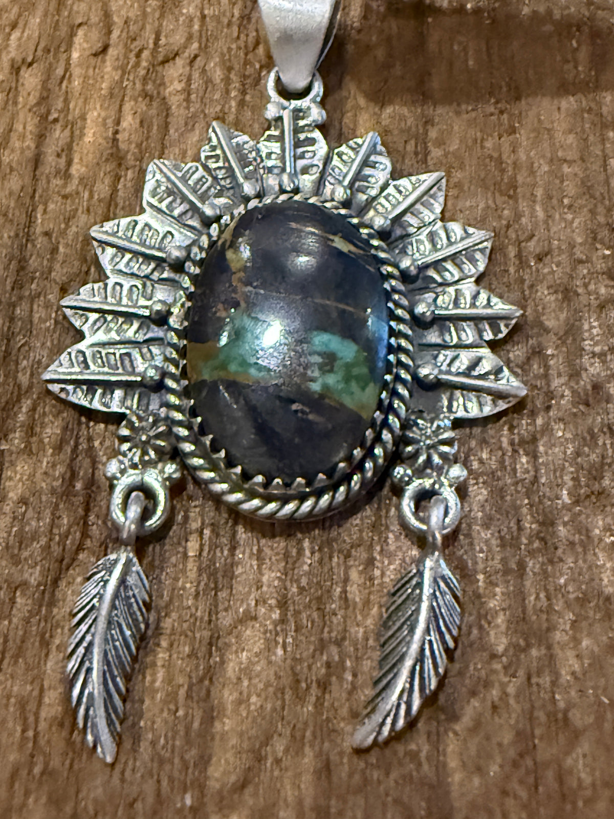 Blackjack Turquoise Gemstone 2.5 Inch Headdress Pendant in Sterling Silver