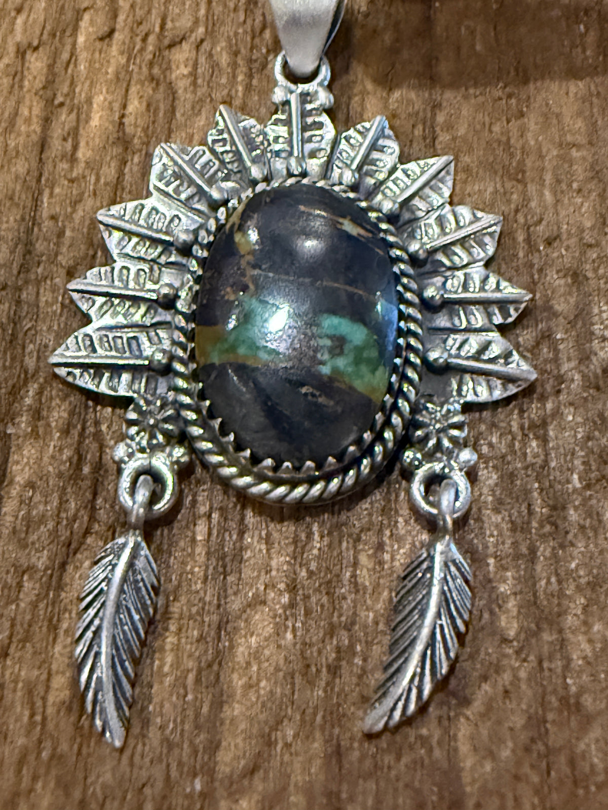 Blackjack Turquoise Gemstone 2.5 Inch Headdress Pendant in Sterling Silver