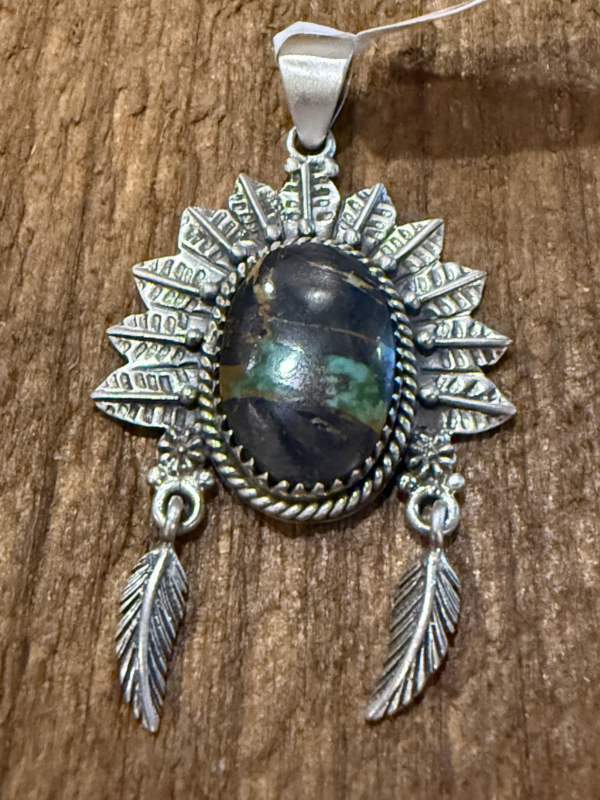 Blackjack Turquoise Gemstone 2.5 Inch Headdress Pendant in Sterling Silver