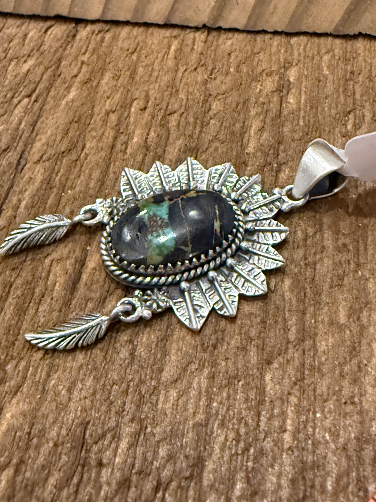 Blackjack Turquoise Gemstone 2.5 Inch Headdress Pendant in Sterling Silver