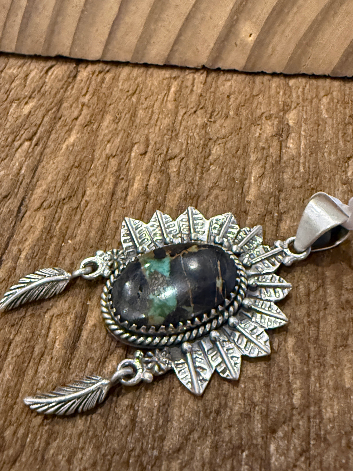 Blackjack Turquoise Gemstone 2.5 Inch Headdress Pendant in Sterling Silver