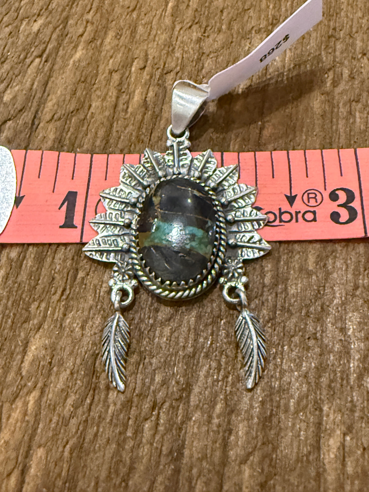 Blackjack Turquoise Gemstone 2.5 Inch Headdress Pendant in Sterling Silver