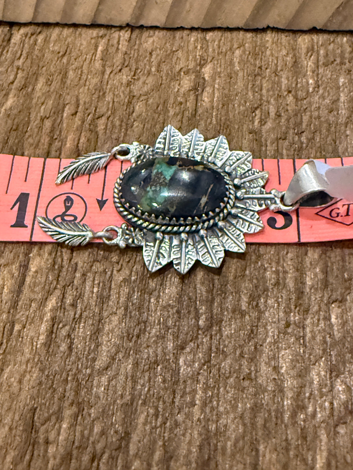 Blackjack Turquoise Gemstone 2.5 Inch Headdress Pendant in Sterling Silver