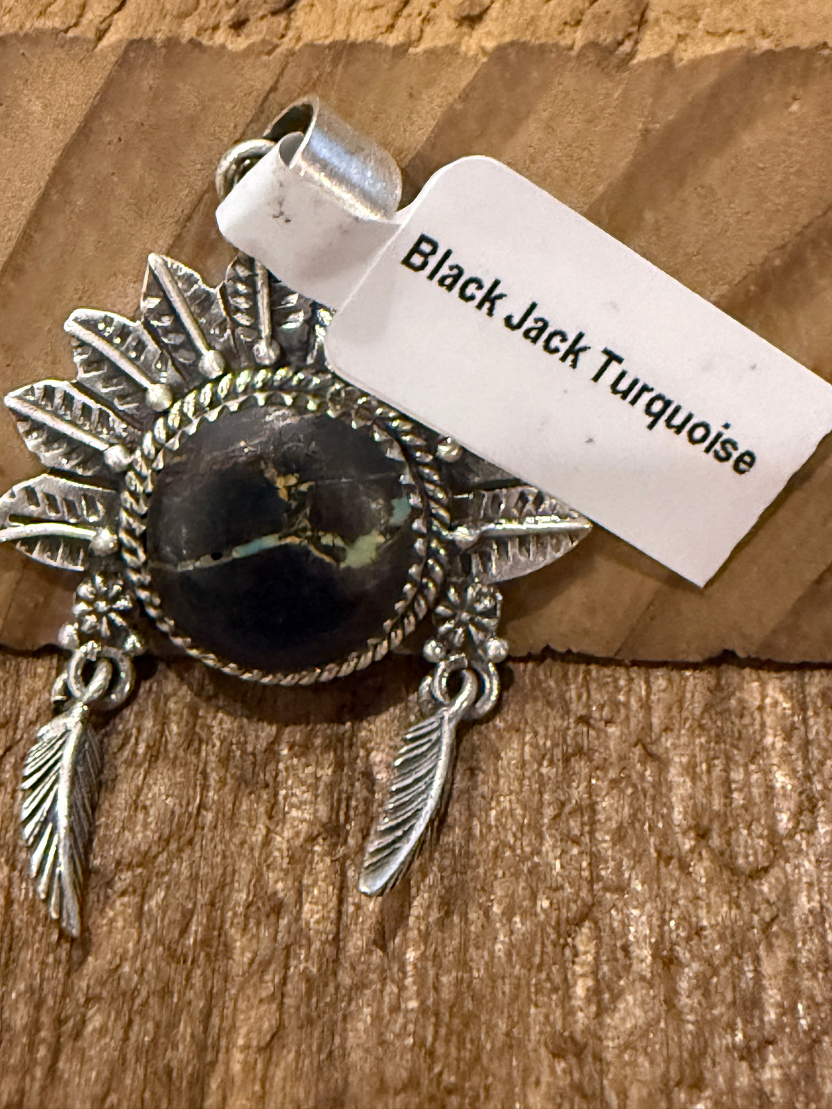Nevada Blackjack Turquoise Gemstone 2 Inch Headdress Pendant in Sterling Silver