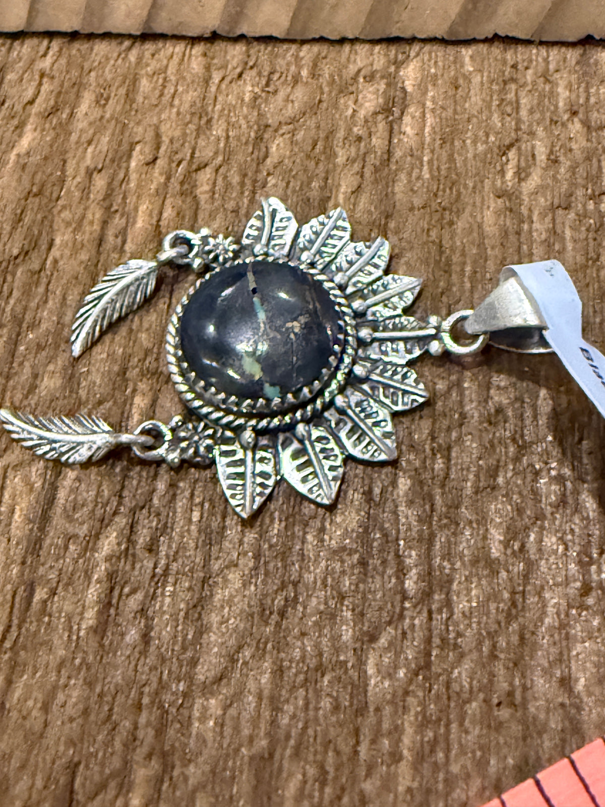 Nevada Blackjack Turquoise Gemstone 2 Inch Headdress Pendant in Sterling Silver