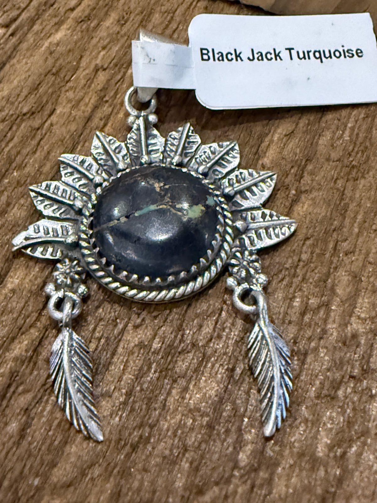 Nevada Blackjack Turquoise Gemstone 2 Inch Headdress Pendant in Sterling Silver