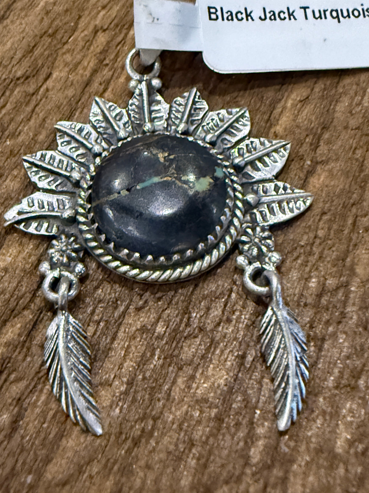 Nevada Blackjack Turquoise Gemstone 2 Inch Headdress Pendant in Sterling Silver