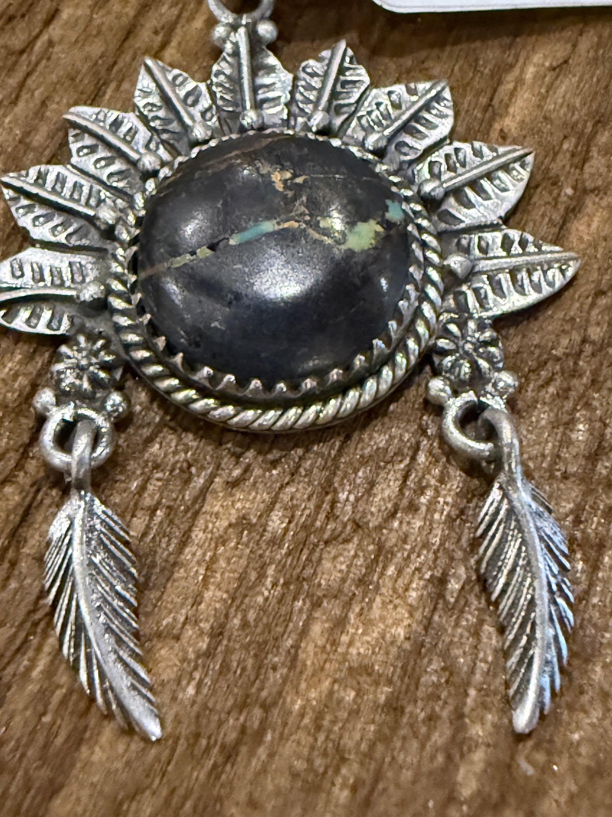 Nevada Blackjack Turquoise Gemstone 2 Inch Headdress Pendant in Sterling Silver