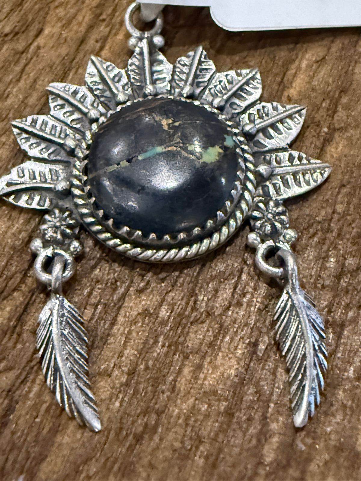 Nevada Blackjack Turquoise Gemstone 2 Inch Headdress Pendant in Sterling Silver