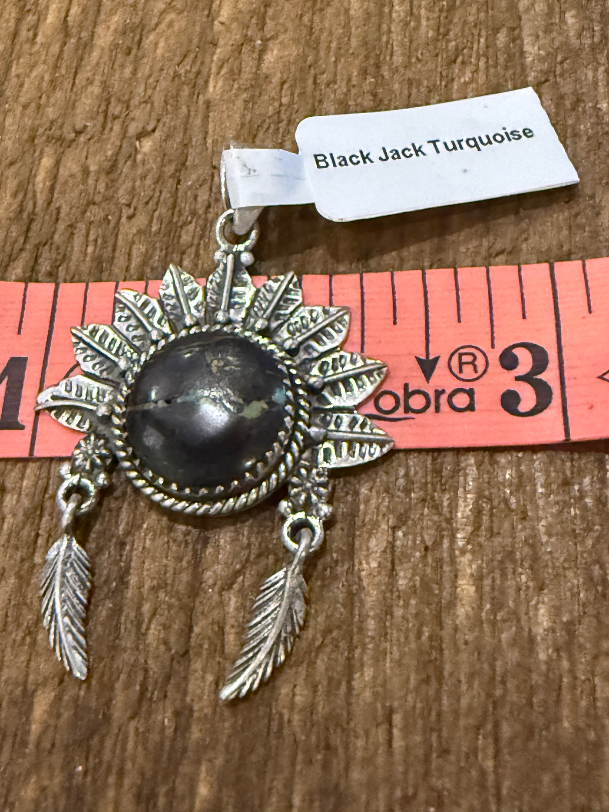 Nevada Blackjack Turquoise Gemstone 2 Inch Headdress Pendant in Sterling Silver