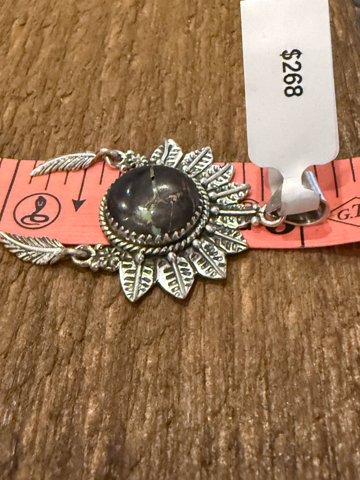 Nevada Blackjack Turquoise Gemstone 2 Inch Headdress Pendant in Sterling Silver
