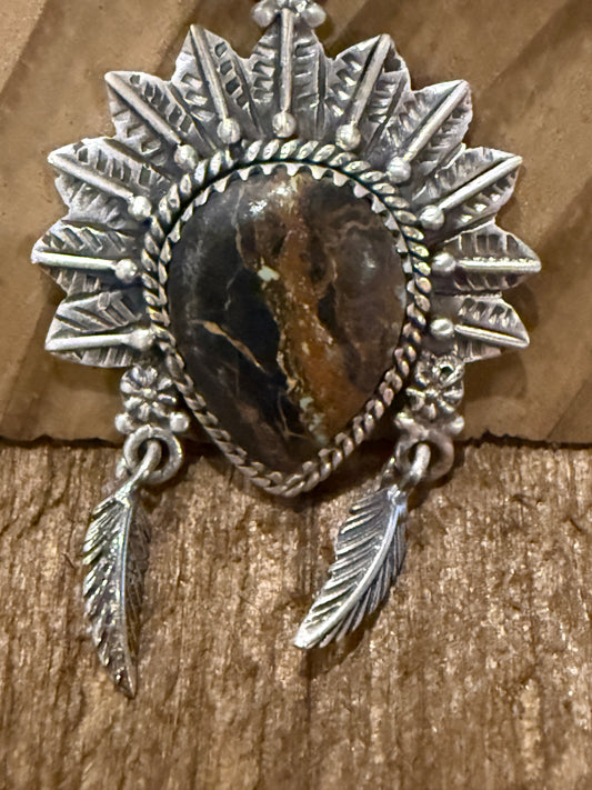 Nevada Blackjack Turquoise Gemstone 2 Inch Headdress Feather Pendant in Sterling Silver