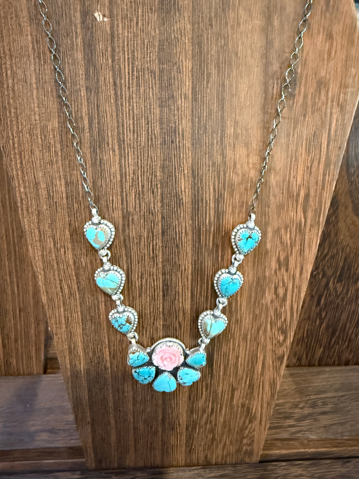 Number 8 Mine and Queen Pink Conch Rose 20 Inch Lariat Necklace in Sterling Silver